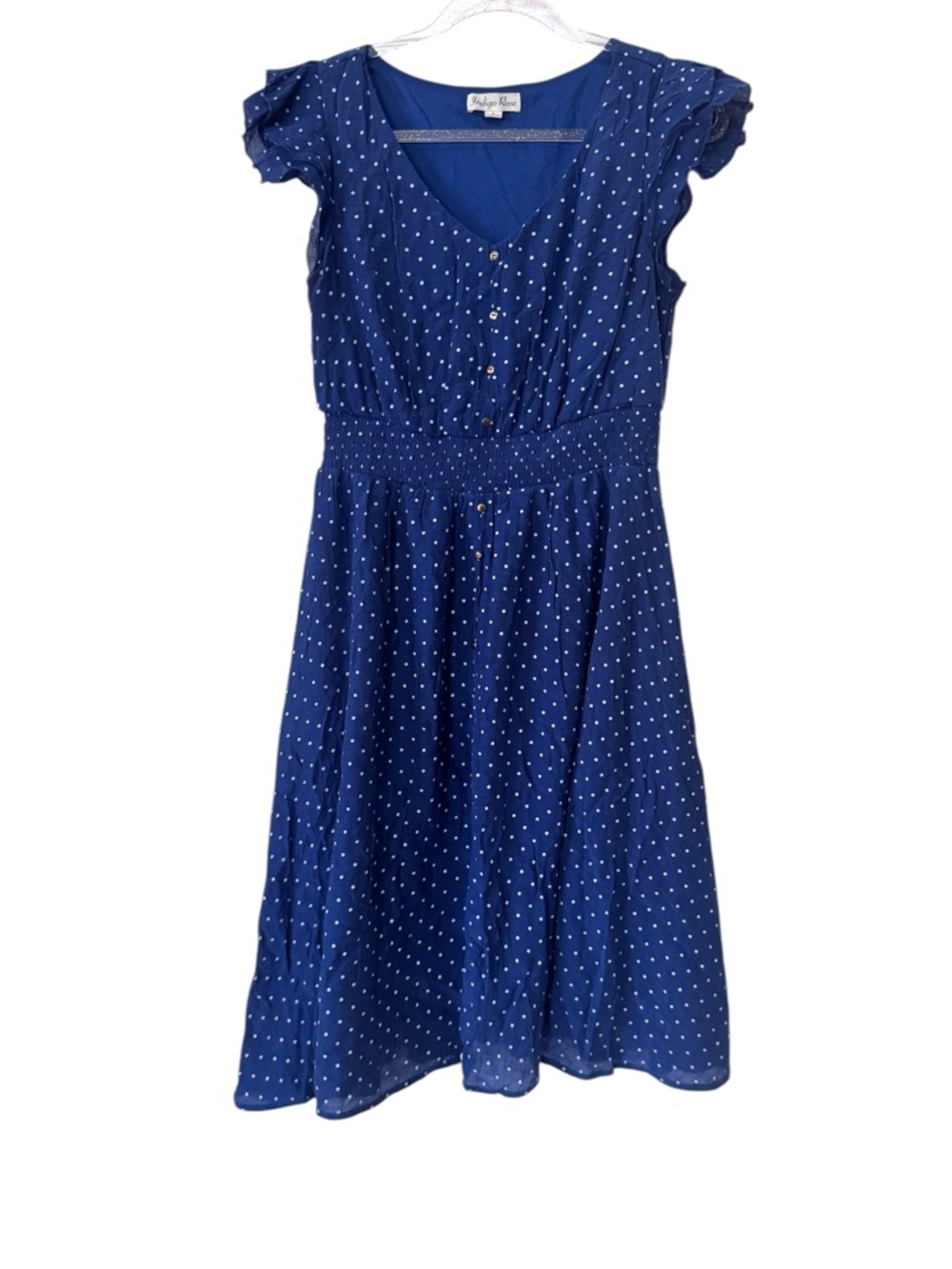 Indigo Rose Navy Blue Polka Dot Midi Dress Smocked Was it Size L